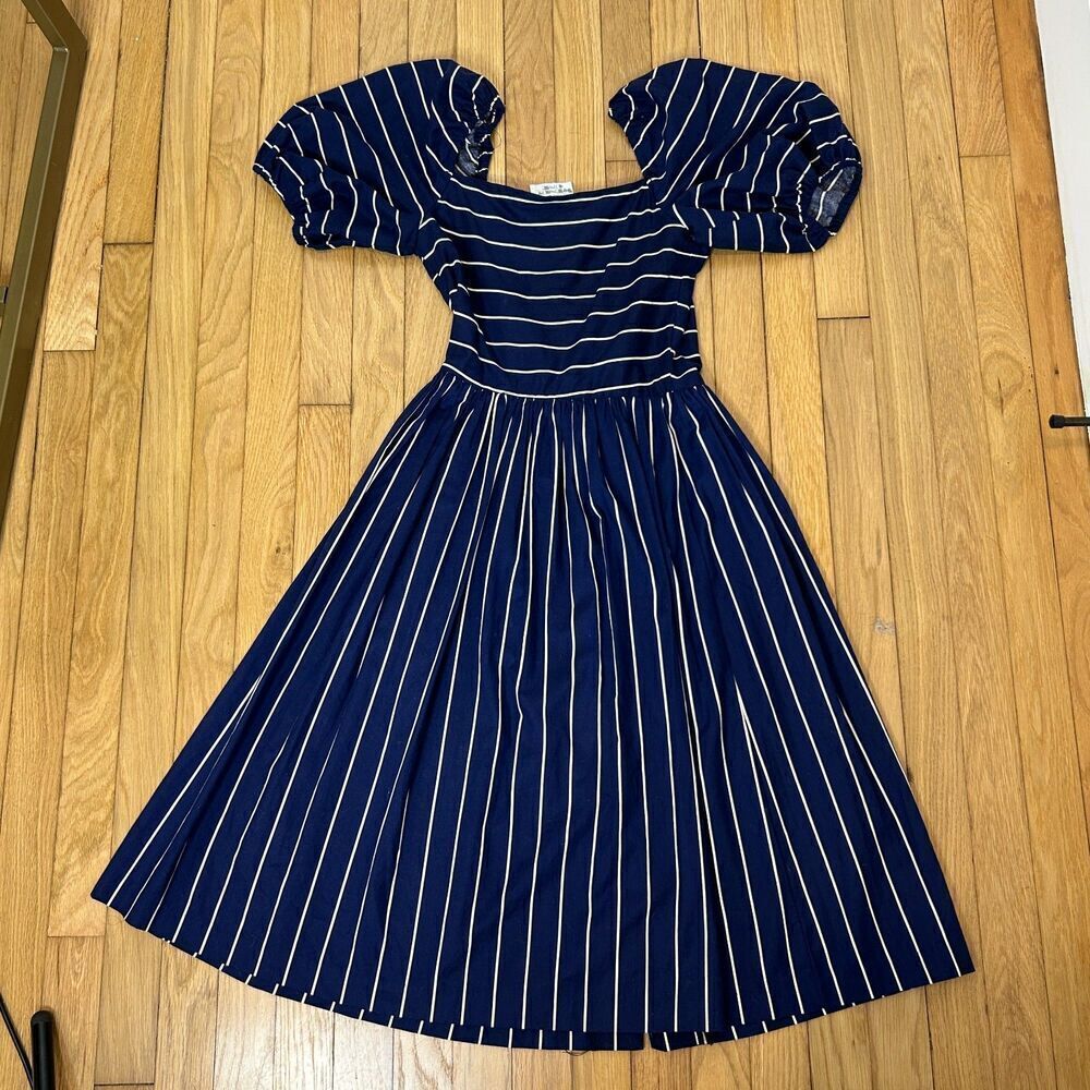 Vintage Wendy One Puff Sleeve Striped Midi Dress Button Down Size XS CottageCore - Picture 4 of 7